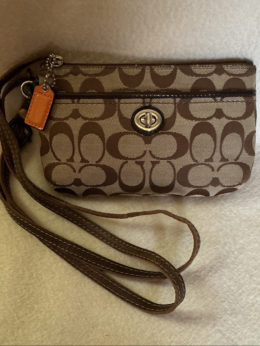 Coach Brown Signature Canvas Wristlet with Turnlock